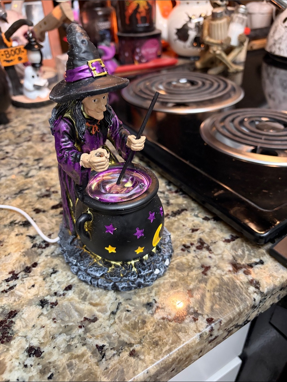 Halloween Witch Figurine with Purple Cauldron - Decorative Home Party Accent